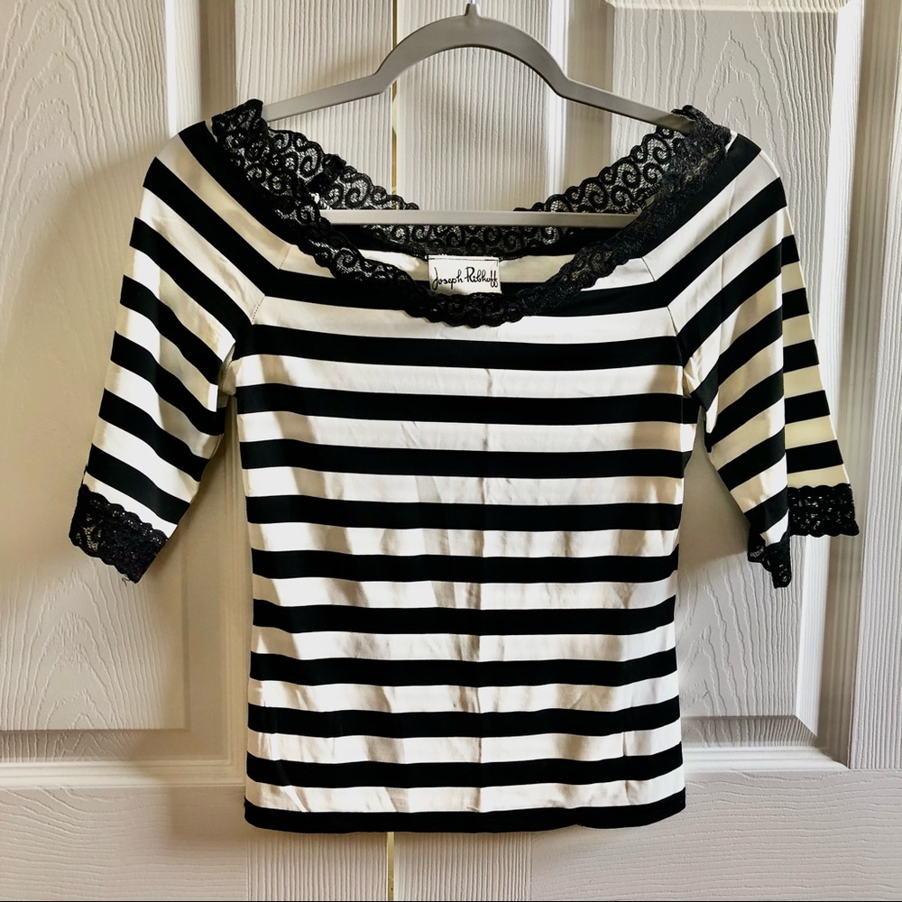 Joseph Ribkoff Horizontal Black & White Striped Top, Lace Detail, Women’s Size 6